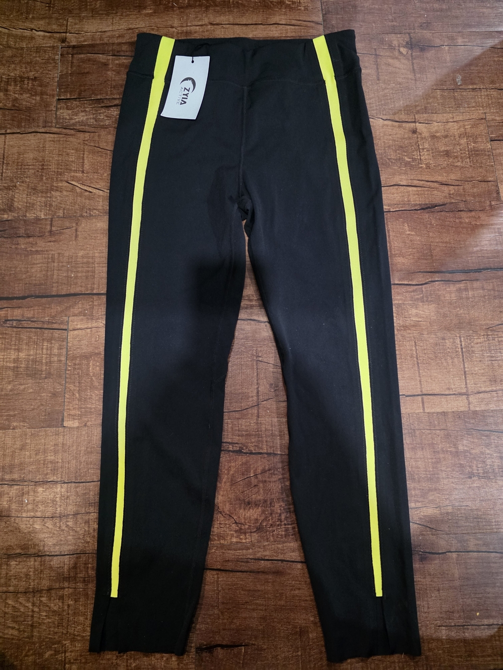 Zyia Active Women's Black/Yellow Stripe Leggings Pull-On Compression 27" 8-10